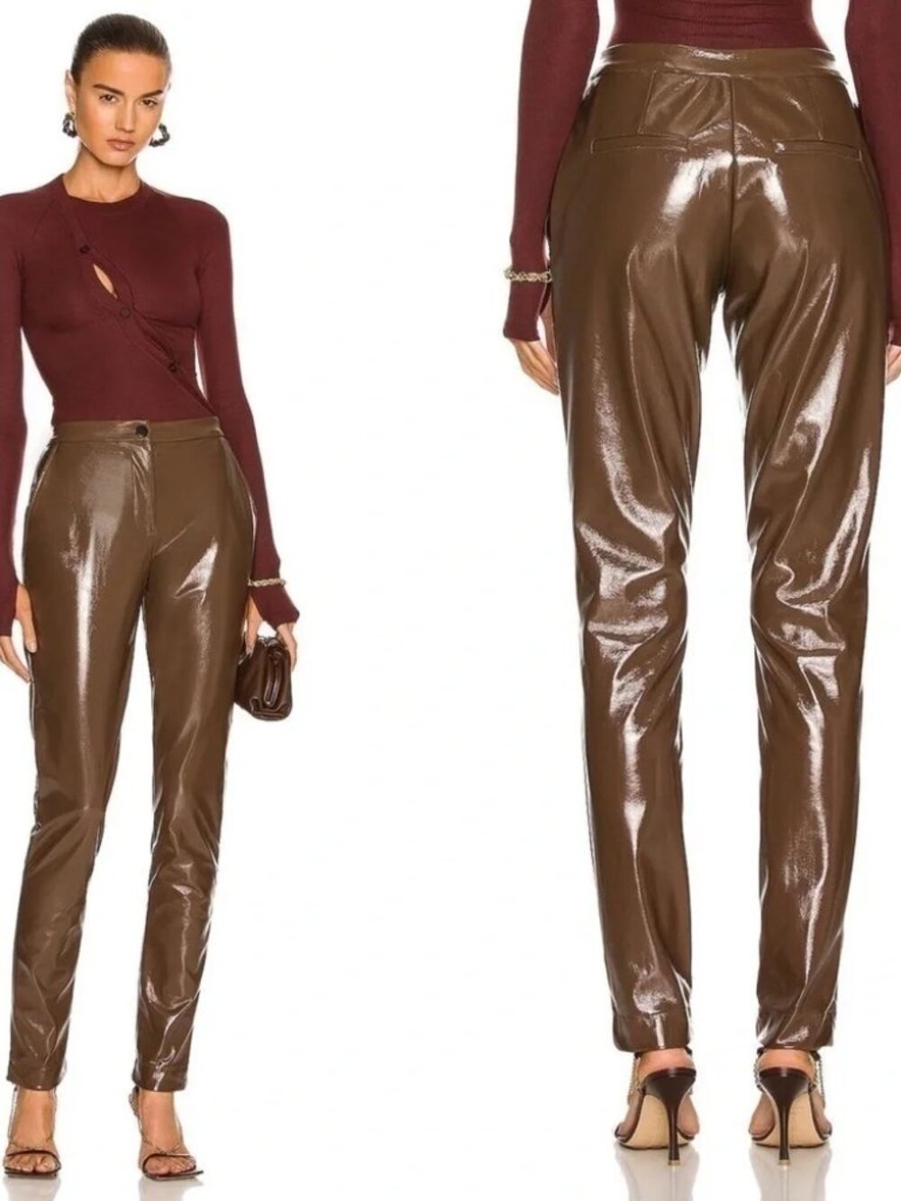 ALIX NYC Loring Dress Pants Womens 2 Brown Coated Slim Faux Leather Stretch NWT